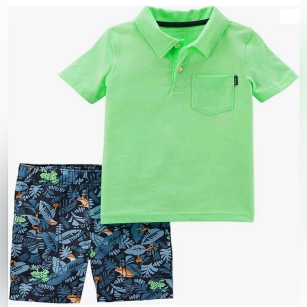 Boys Frog Snake Short Set Outfit 2 pc Set Shirt Collar Polo Style Shirt